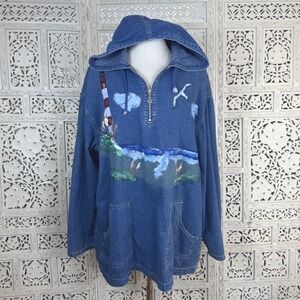 Vtg 90's Hand Painted Denim Hoodie Sz XL/XXL Quarter Zip Retro Artsy Indie